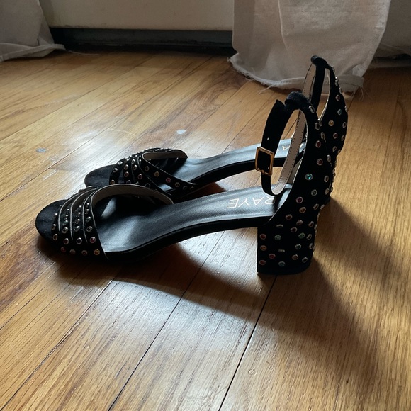 🟣 $148 Raye Bejeweled Disco Heels Strappy Sandals Black Block Anthropologie 8.5 - Picture 5 of 5